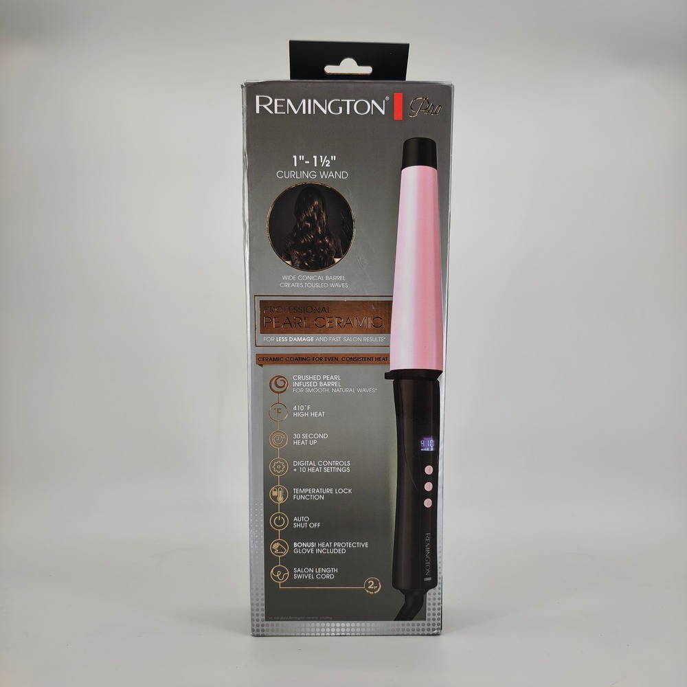 Remington Pro 1-1.5" Pearl Ceramic Conical Curling Wand CI9538 Pink Black